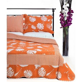 Κουβερλί ημίδιπλο-μονό, κεραμιδί-πορτοκαλι με άσπρο λουλούδι, καπιτονέ, 100% βαμβακερό!! (7001-35)